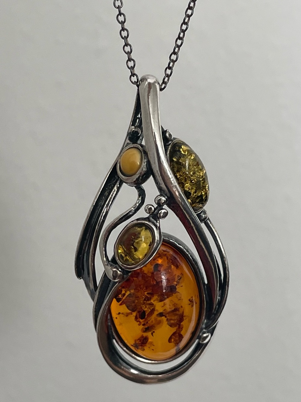 Vintage Danish Sterling Silver Multi-Color Baltic Amber Pendant